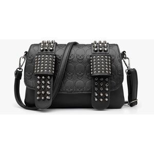 NWOT~Black Gothic Skull Design Crossbody Skull Silver Rivet Purse Handbag